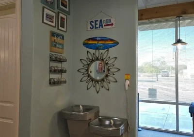 Cibola Dental hydration station with water fountains and coastal décor